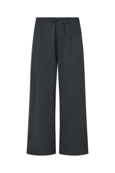 Black wide-leg pants with a drawstring waist on a white background