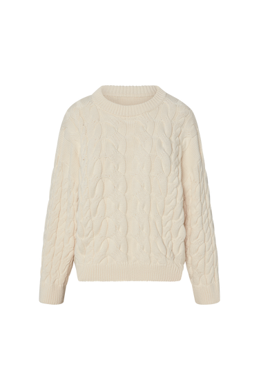 Cream-colored cable knit sweater on a white background