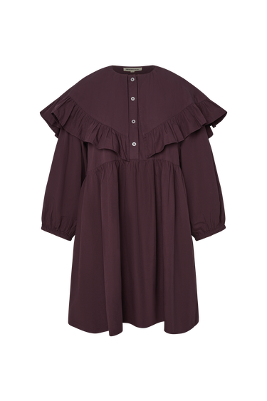 Purple knee-length dress with long sleeves and a ruffled collar on a white background.