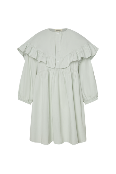 Light blue, knee-length dress with long sleeves and a ruffled collar on a white background.