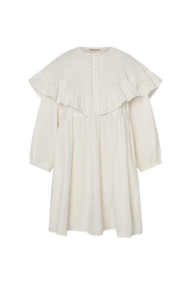 White knee-length dress with long sleeves and a ruffled collar on a white background.