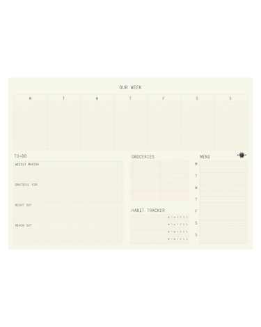 Weekly planner with sections for 'Our Week', 'To-Do', 'Groceries', 'Menu', 'Habit Tracker', and 'Read Out' on a white background.