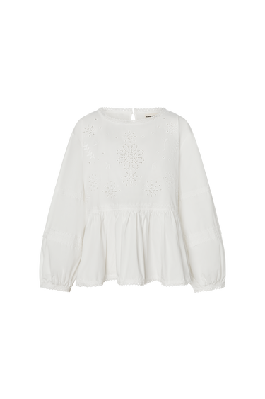White eyelet long sleeve blouse with peplum bottom on a white background.