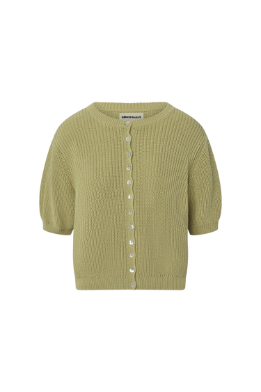 Green knitted short sleeve cardigan on a white background.