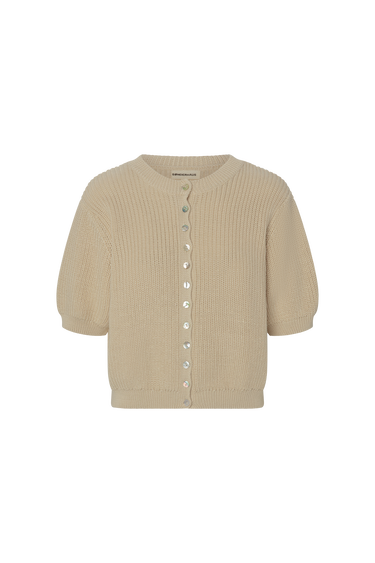 Beige knitted short sleeve cardigan on a white background.