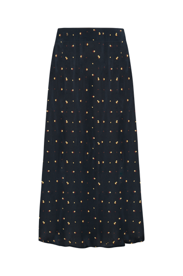 Navy blue skirt with yellow floral print on a white background.