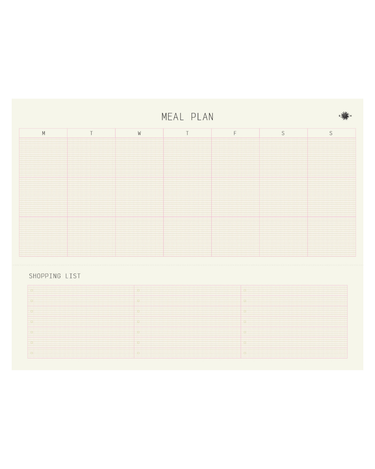 Meal plan and shopping list grid on a white background