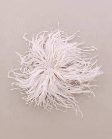 A fluffy beige feather embellishment or brooch, displayed on a neutral beige background.