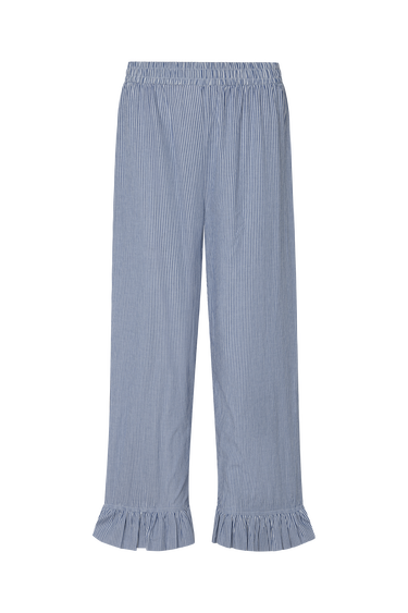 Blue striped pants with ruffled ankle hem on a white background.