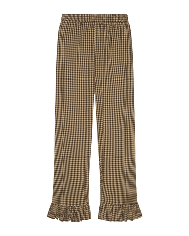 Brown gingham pants with ruffled ankle hem on a white background.