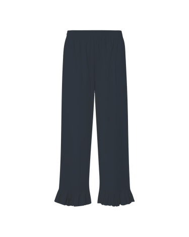 Navy pants with ruffled ankle hem on a white background.