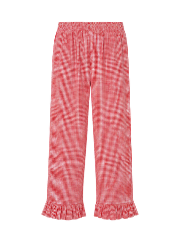 Red gingham pants with ruffled hem on a white background