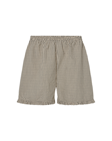 Black plaid boxer-style shorts with a ruffle detail at the bottom on a white background.