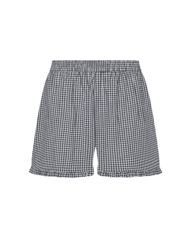 Blue plaid boxer-style shorts with a ruffle detail at the bottom on a white background.