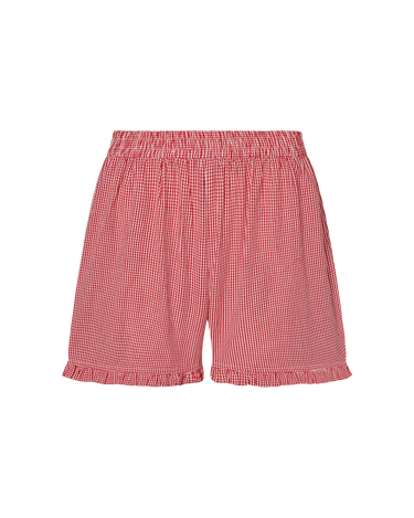 Red gingham boxer-style shorts with a ruffle detail at the bottom on a white background.