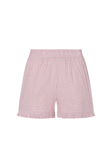 Pink plaid boxer-style shorts with a ruffle detail at the bottom on a white background.