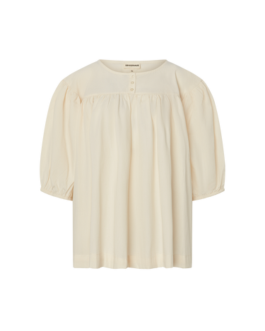Cream babydoll-style blouse with short balloon sleeves on a white background.