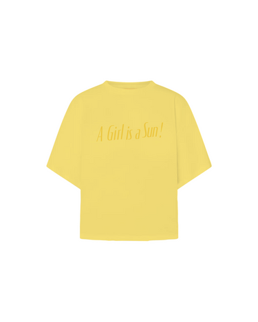 Yellow t-shirt with darker yellow text that says 'A Girl is a Sun!" on a white background.