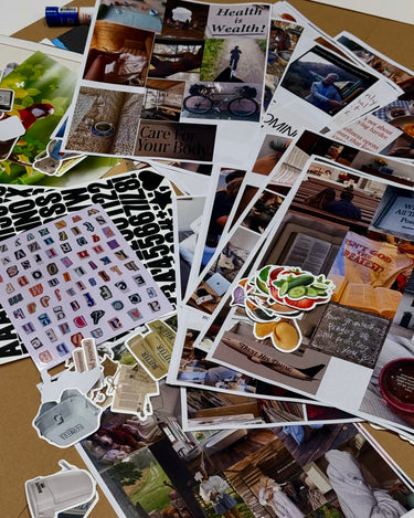 Collage of various photos and printed materials on a surface