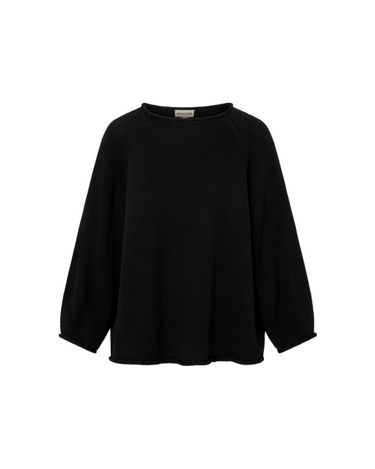 Black knit sweater with rolled hems on a white background.