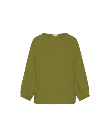 Green knit sweater with rolled hems on a white background