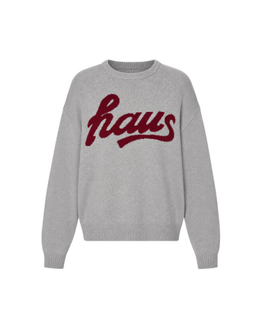 Gray sweater with red text on a white background