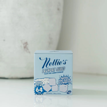 Box of Nellie's Laundry Cubes on a neutral background