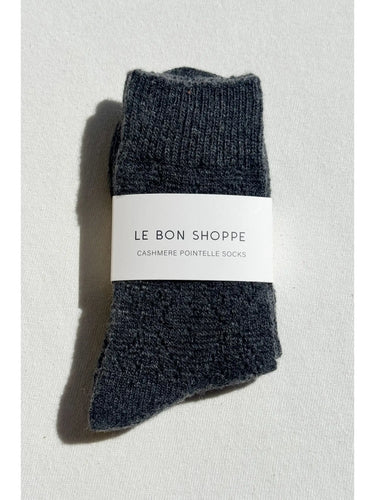 Pair of dark gray cashmere pointelle socks with 'Le Bon Shoppe' label on a light gray background