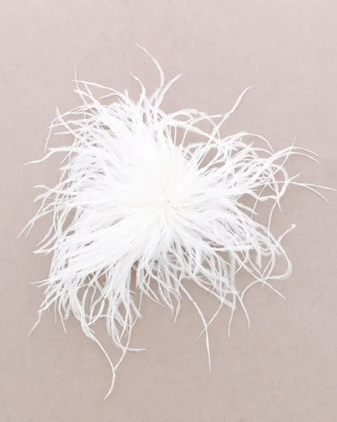 A white feather embellishment with delicate, wispy plumes, photographed from above on a solid light taupe background.