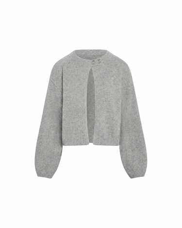 A light gray cropped knit sweater with long balloon sleeves and a central front slit, shown on a plain white background.