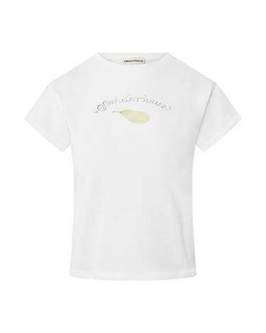 White short sleeve t-shirt with text that says "Sønderhaus" and a sideways pear graphic.