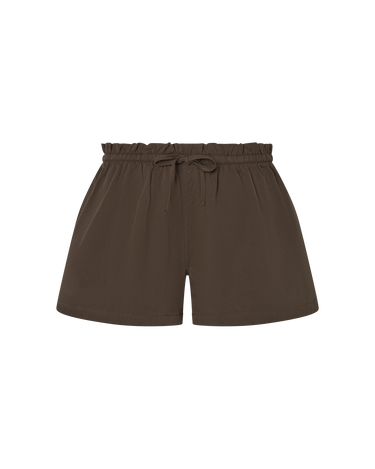 Brown shorts with a drawstring waist on a white background.