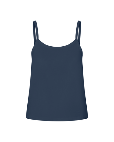 Navy blue cotton tank top with thin straps on a white background