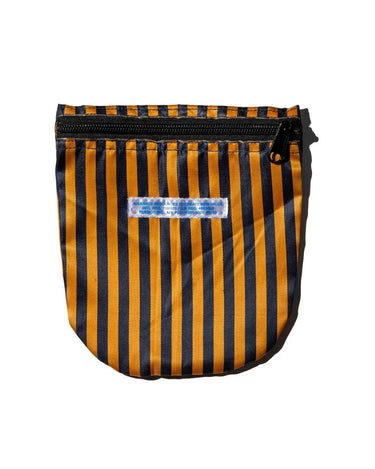 A zippered pouch with vertical navy blue and orange stripes, featuring a small blue label on the front on a white background.