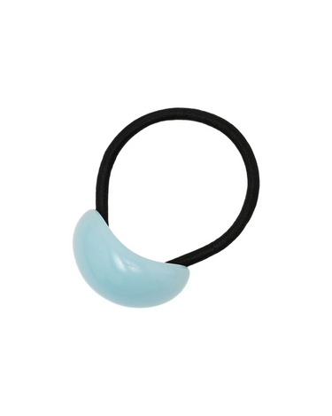 Black hair tie with a light blue resin accent on a white background
