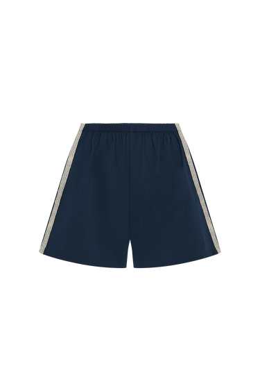 Navy blue athletic shorts with white side stripes, displayed flat against a solid white background.