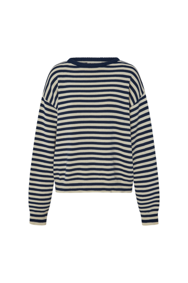 Navy blue and white striped sweater on a white background.