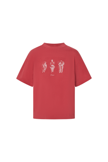 Red t-shirt with graphic design on a white background