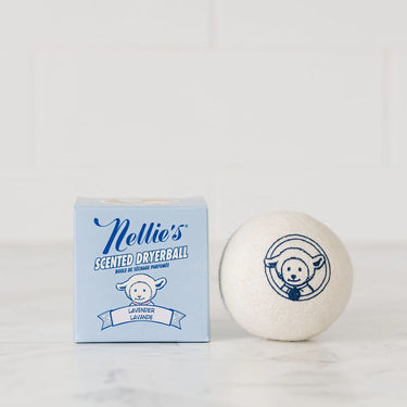 Nellie's scented dryerball with packaging on a light background