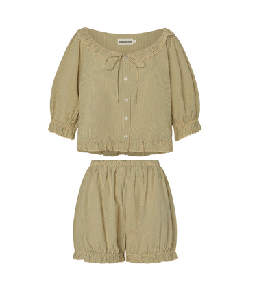 Green striped, button-up blouse with a ruffled neckline and matching bloomer-style shorts set on a white background.