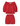 Red eyelet, button-up blouse with a ruffled neckline and matching bloomer-style shorts set on a white background.