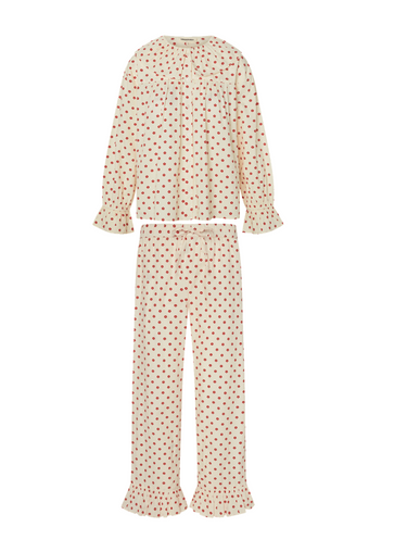 Cream and red floral print long sleeve blouse with a ruffled collar and matching pants with a ruffled hem on a white background.