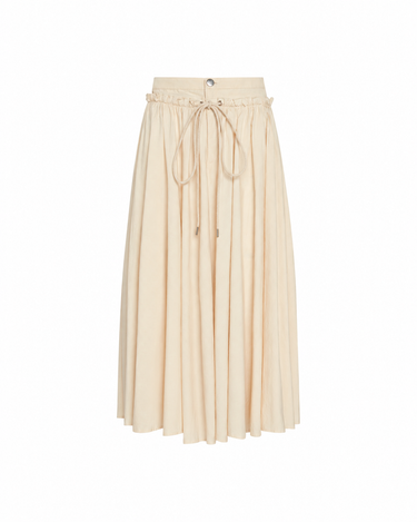 A pleated midi skirt in a light beige color, featuring an elastic waistband with a drawstring tie, shown against a plain white background.