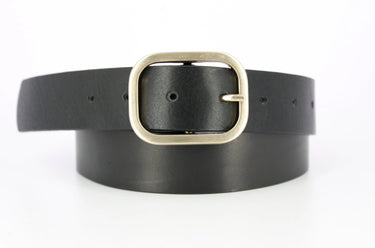 Black leather belt with a gold buckle on a white background