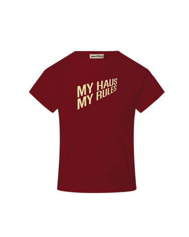 Red t-shirt with 'MY HAUS MY RULES' text on a white background