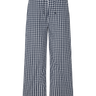 Navy blue and white gingham pants on a white background.