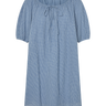 Blue paid dress with a tie neckline and short sleeves on a white background.