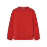 Red knit sweater with rolled hems on a white background.