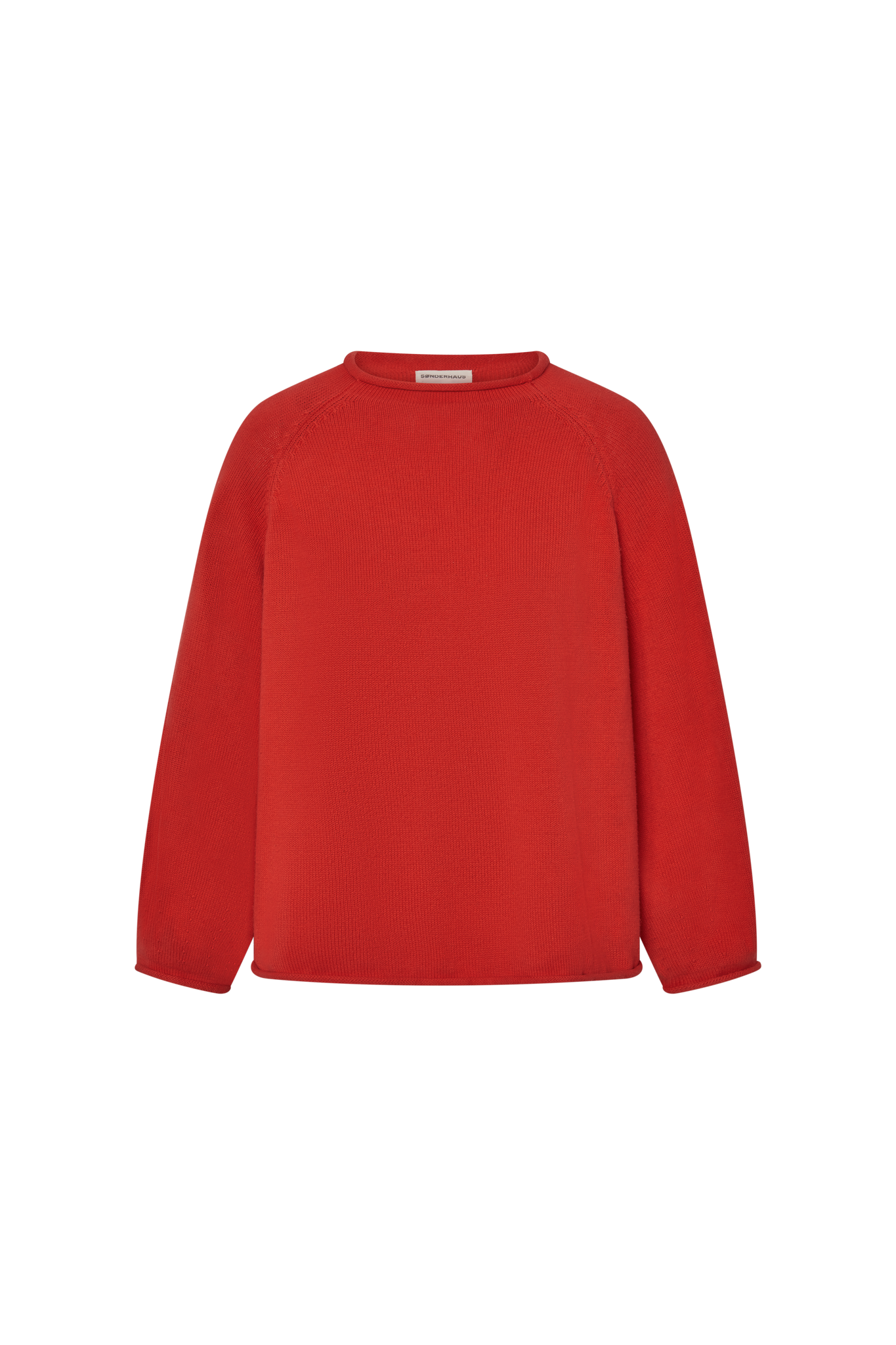Red knit sweater with rolled hems on a white background.