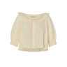 Cream eyelet, button-up blouse with a ruffled neckline and short sleeves on a white background.
